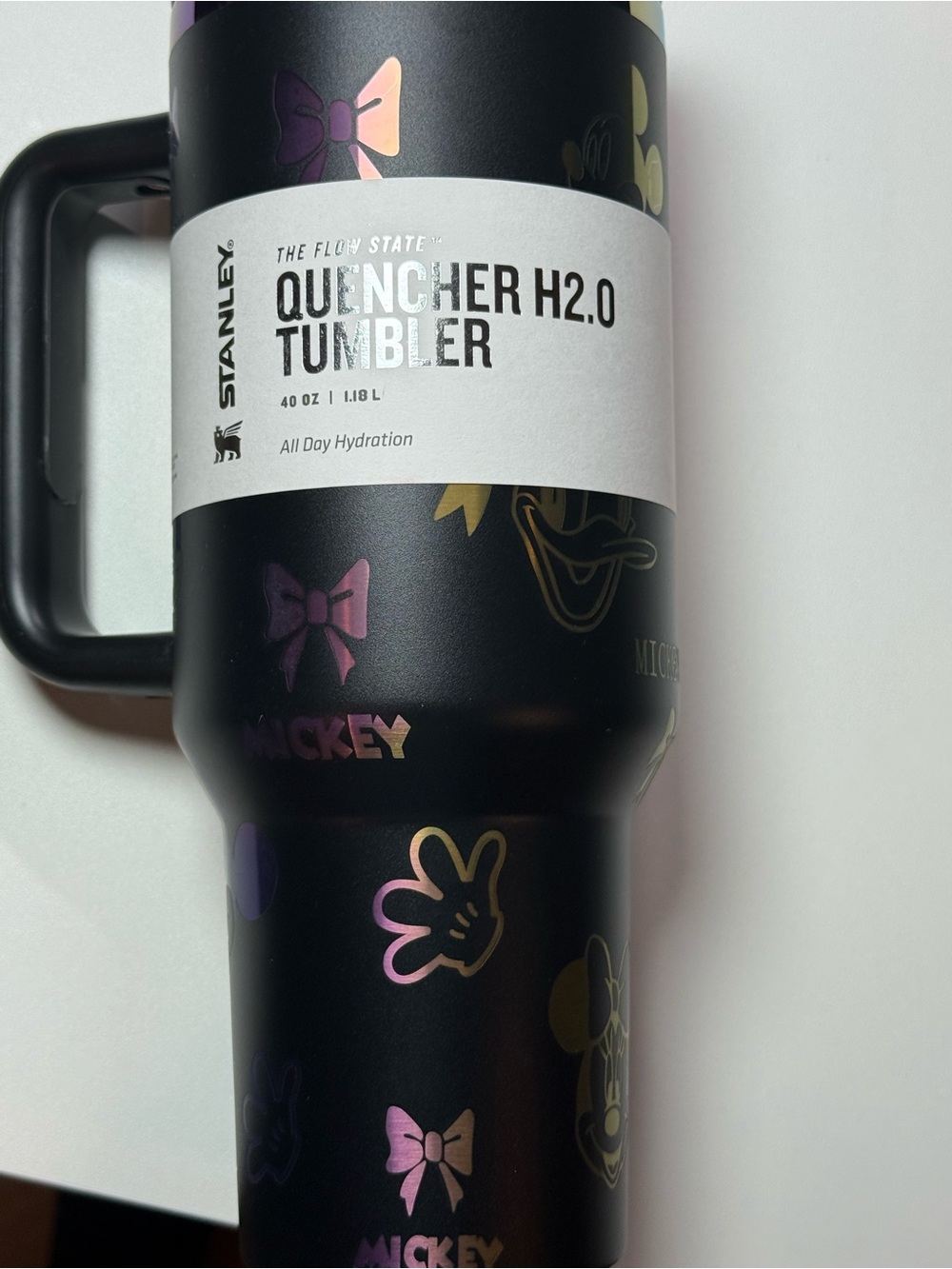 Stanley Black Quencher H2.0 Tumbler with Iridescent Pink-Purple and Gold Accents